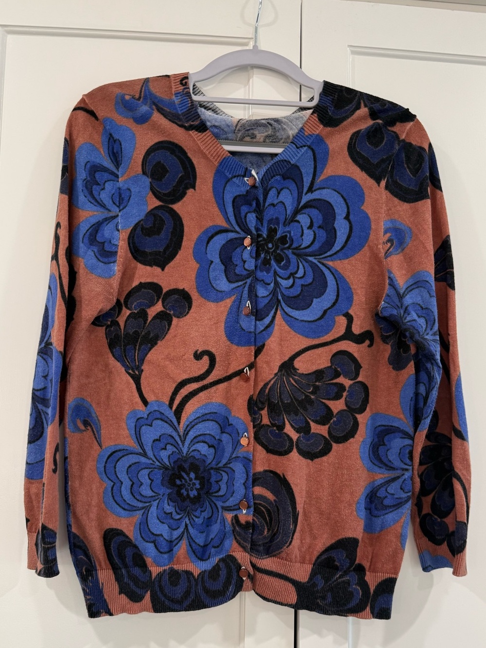 J. Crew Blue Floral Button-Front Cardigan on Brown Base